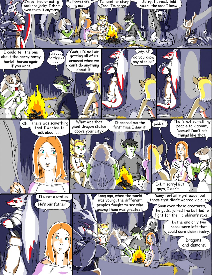 anthro armor breasts campfire clothed clothing crossdressing dialogue female feral fire group horn male membrane_(anatomy) membranous_wings monster_girl_(genre) night nipples overweight plant saddle slightly_chubby tail text tree weapon wings wood reiger european_mythology greek_mythology mythology balbaros_(reiger) codje_(reiger) damsel_(reiger) dranz_(reiger) ione_(reiger) maeda_(reiger) badger centaur domestic_cat dragon equid equid_taur equine felid feline felis horse human humanoid_taur mammal mammal_taur mustelid musteline mythological_creature mythological_scalie scalie taur comic english_text trans_(lore) trans_woman_(lore)