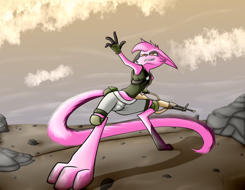 action_pose anthro armor breasts clothed clothing female fingerless_gloves fur gloves gun hair handwear leg_markings long_tail markings pink_body pink_fur pink_hair pink_nose pose ranged_weapon rifle shirt smile socks_(marking) solo tail tank_top topwear weapon yellow_eyes kripperok dreamkeepers viriathus_vayu mammal