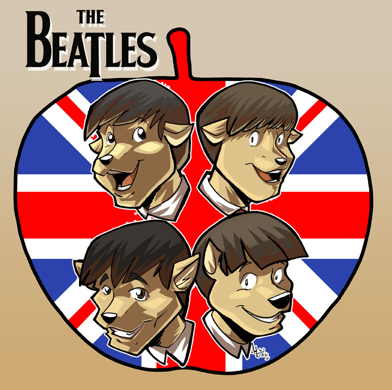 alternate_species anthro apple black_hair black_nose british flag food fruit fur furrification group hair logo looking_at_viewer male music open_mouth open_smile plant short_hair smile tan_body tan_fur toony union_jack jaeh the_beatles george_harrison john_lennon paul_mccartney ringo_starr canid canine canis domestic_dog mammal cel_shading digital_media_(artwork) shaded