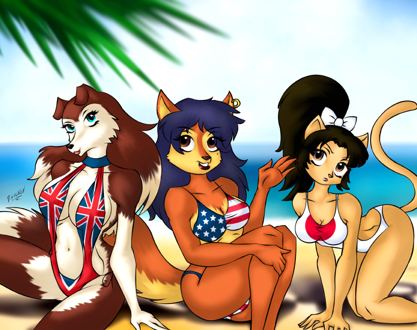 accessory all_fours american_flag american_flag_bikini anthro beach big_breasts bikini blue_eyes blue_hair bow_(feature) bow_accessory bow_ribbon breasts brown_eyes centered_hair_bow cleavage clothed clothing dipstick_tail ear_piercing female flag flag_bikini flag_clothing flag_print flag_swimwear fur gesture gloves_(marking) group hair hair_accessory hair_bow hair_ribbon japanese_flag long_hair looking_at_viewer markings multicolored_body multicolored_fur multicolored_hair multicolored_tail navel one-piece_swimsuit outside piercing ponytail print_bikini print_clothing print_swimwear ribbons seaside sitting sling_bikini smile swimwear tail tail_markings two-piece_swimsuit two_tone_body two_tone_fur two_tone_hair union_jack union_jack_bikini united_states_of_america waving darksteellycaon road_rovers sly_cooper_(series) sony_corporation sony_interactive_entertainment sucker_punch_productions usagi_yojimbo carmelita_fox colleen_(road_rovers) tomoe_ame canid canine canis collie domestic_cat domestic_dog felid feline felis fox herding_dog mammal pastoral_dog sheepdog 2012 crossover