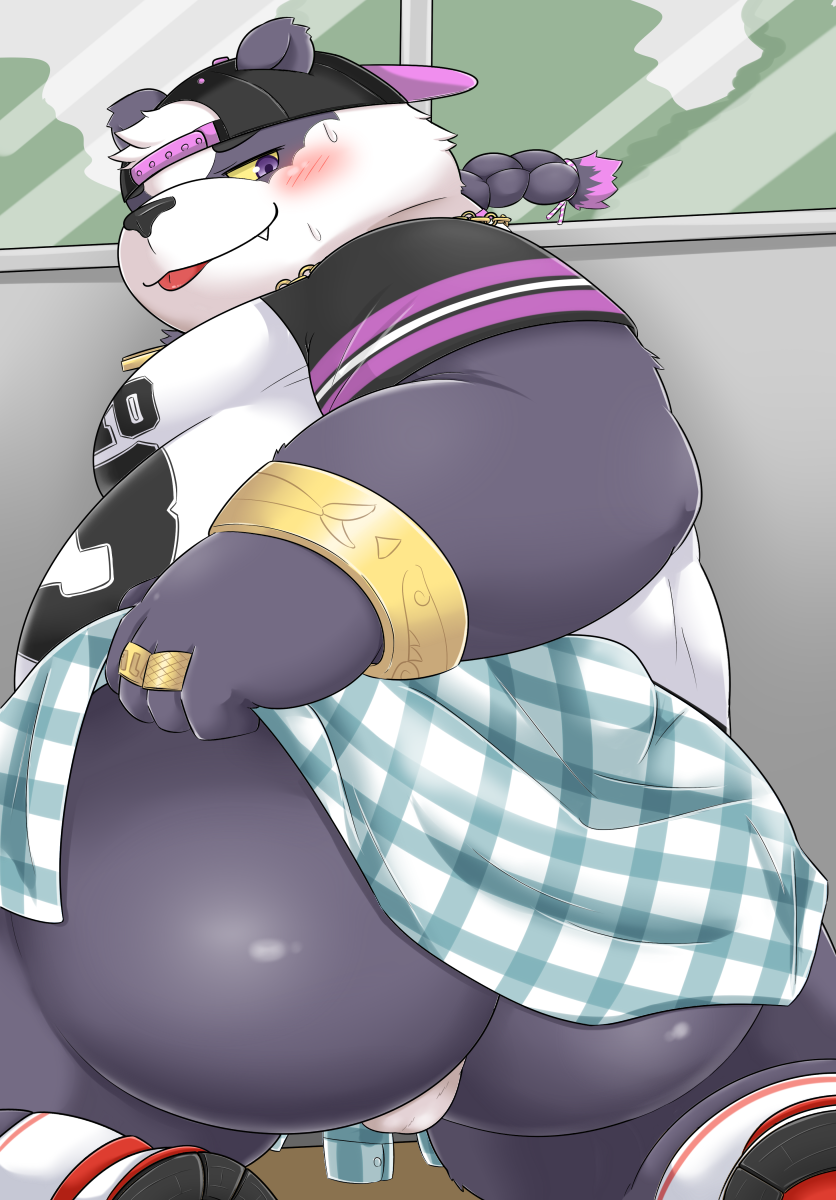 anthro balls belly big_belly blush butt clothing fur genitals hat headgear headwear kemono male overweight overweight_anthro overweight_male purple_body purple_fur shirt solo tongue tongue_out topwear white_body white_fur bake_gosut lifewonders tokyo_afterschool_summoners alp_(tas) bear giant_panda mammal 2020 hi_res