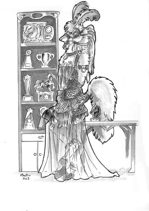 accessory anthro award bdsm boots bridle clothed clothing dress feather_in_hair feathers footwear fully_clothed furniture hair hair_accessory harness hoof_boots male petplay ponyplay roleplay shelf shoes solo statuette table translucent translucent_clothing trophy dark_natasha heather_bruton canid canine fox mammal 2023 greyscale monochrome traditional_media_(artwork)