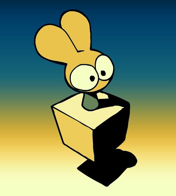 ambiguous_gender block cube_(object) ears_up floating fur gradient_background looking_forward simple_background solo wide_eyed yellow_body yellow_fur jaquin_s lagomorph leporid mammal rabbit