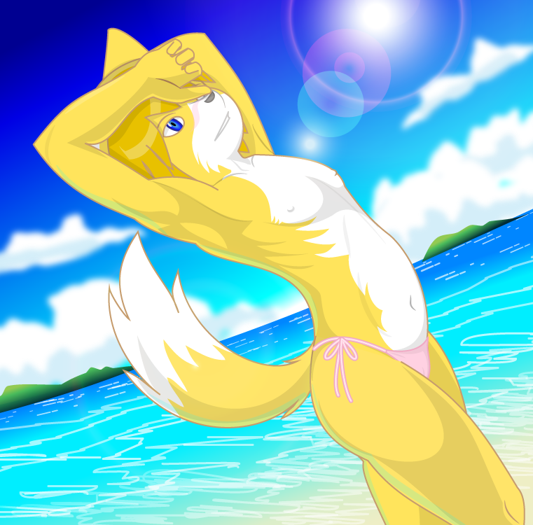 bikini bikini_bottom bikini_bottom_only clothed clothing female navel side-tie_bikini side-tie_clothing side-tie_swimwear solo string_bikini swimwear topless two-piece_swimsuit naoki canid canine fox mammal