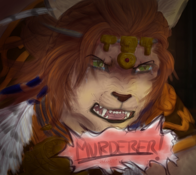 angry braided_hair circlet close-up clothed clothing fangs fangs_bared feathers female green_eyes hair headdress orange_hair solo speech_bubble teeth silvershecat final_fantasy final_fantasy_xiv square_enix wuk_lamat felid hrothgar lion mammal pantherine