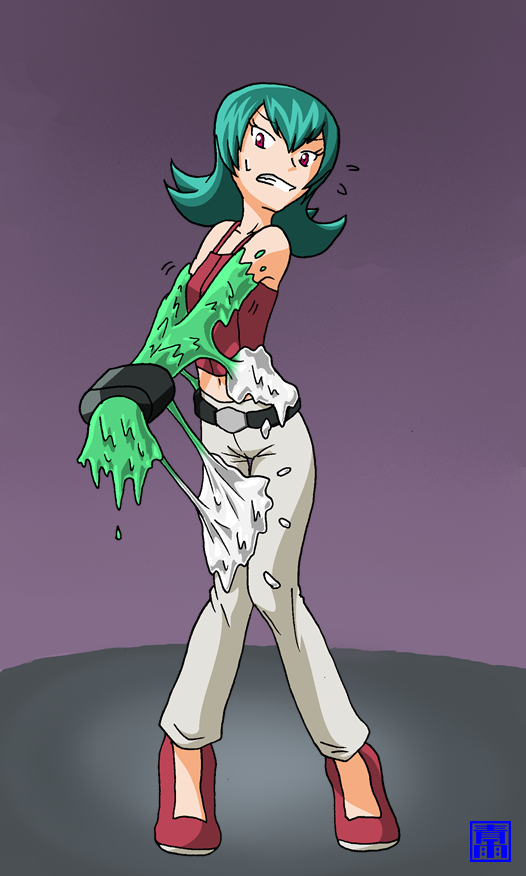 bound disgust female goo_transformation green_hair gym_leader hair latex red_eyes solo thin_calves thin_legs thin_thighs transformation omoi nintendo pokemon sabrina_(pokemon) human mammal