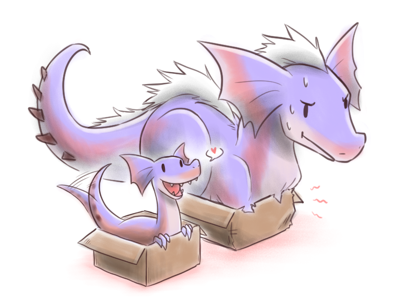 ambiguous_gender bodily_fluids box container dialogue duo feral fin fur heart_symbol in_box in_container looking_at_another simple_background size_difference sweat tail tail_motion tailwag white_background young young_ambiguous young_feral canes-cm capcom monster_hunter mythology bird_wyvern furred_scalie great_jaggi jaggi monster scalie 4:3 pictographics