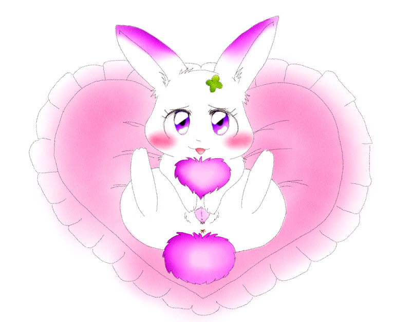 :3 anthro blush chest_tuft clover_(plant) eyelashes female fur heart_symbol japanese long_ears plant purple_eyes seductive shamrock short_fur solo tuft white_body white_fur suvaru happy_happy_clover sayuri_tatsuyama clover_(happy_happy_clover) lagomorph leporid mammal rabbit