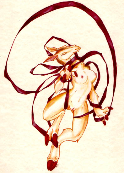 anthro barefoot biped breasts butt butt_from_the_front cloven_hooves collar collar_only dancing eyes_closed feet female genitals hooves navel nipples nude pussy ribbons simple_background slim smile solo uaykan labbu camelid mammal stenomylus 2004