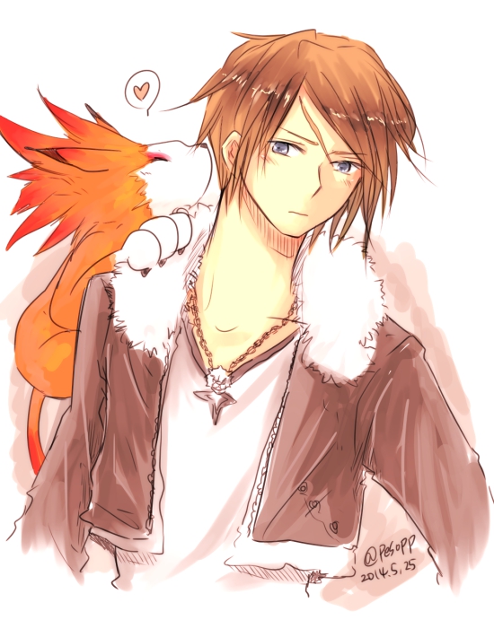 ambiguous_gender claws clothed clothing duo facial_scar fur heart_symbol jacket jewelry male necklace orange_body orange_fur scar simple_background topwear white_background pesopp final_fantasy final_fantasy_viii square_enix squall_leonhart felid human mammal moomba