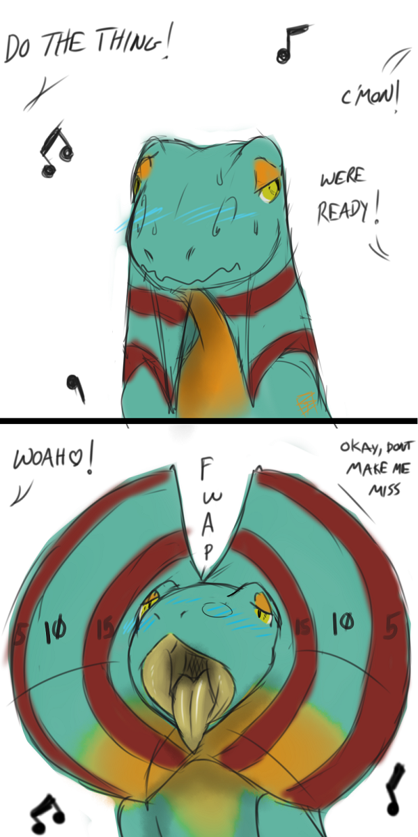 ambiguous_gender anthro bodypaint bullseye dialogue embarrassed heart_symbol solo text notactuallyhere agamid frilled_lizard lizard reptile scalie 1:2 comic english_text hi_res