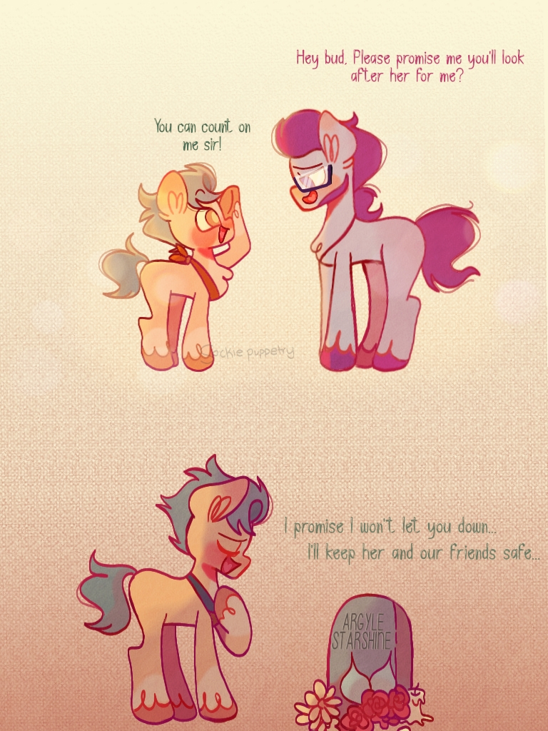 duo eyewear flower gesture glasses grave male plant salute sash text tombstone sockiepuppetry hasbro mlp_g5 my_little_pony argyle_starshine_(mlp) hitch_trailblazer_(mlp) earth_pony equid equine horse mammal pony 3:4 comic english_text