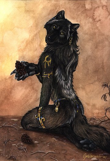 anthro black_body black_fur black_nose butt claws digitigrade feet female finger_claws fur grey_pawpads hindpaw holding_object jewelry kneeling looking_at_viewer looking_back looking_back_at_viewer nude pawpads paws pinecone snout solo tail yellow_eyes goldenwolf canid canine canis mammal wolf 2001 colored_pencil_(artwork) full-length_portrait painting_(artwork) portrait traditional_media_(artwork) traditional_painting_(artwork) traditional_watercolor_(artwork) watercolor_(artwork)