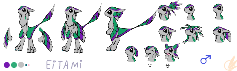 anthro gender_symbol green_body male male_symbol open_mouth purple_body simple_background smile solo standing symbol teeth text winged_arms wings maxime66410 eitami avali avian character_name digital_media_(artwork) model_sheet