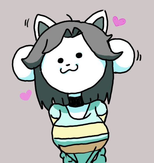 :3 anthro big_breasts breasts clothed clothing curtained_hair female fur grey_hair hair heart_symbol looking_at_viewer neckwear pattern_clothing pattern_shirt pattern_topwear shirt smile solo striped_clothing striped_shirt striped_topwear stripes topwear white_body white_fur lewd_froggo undertale undertale_(series) temmie_(undertale) canid canine felid feline mammal tem