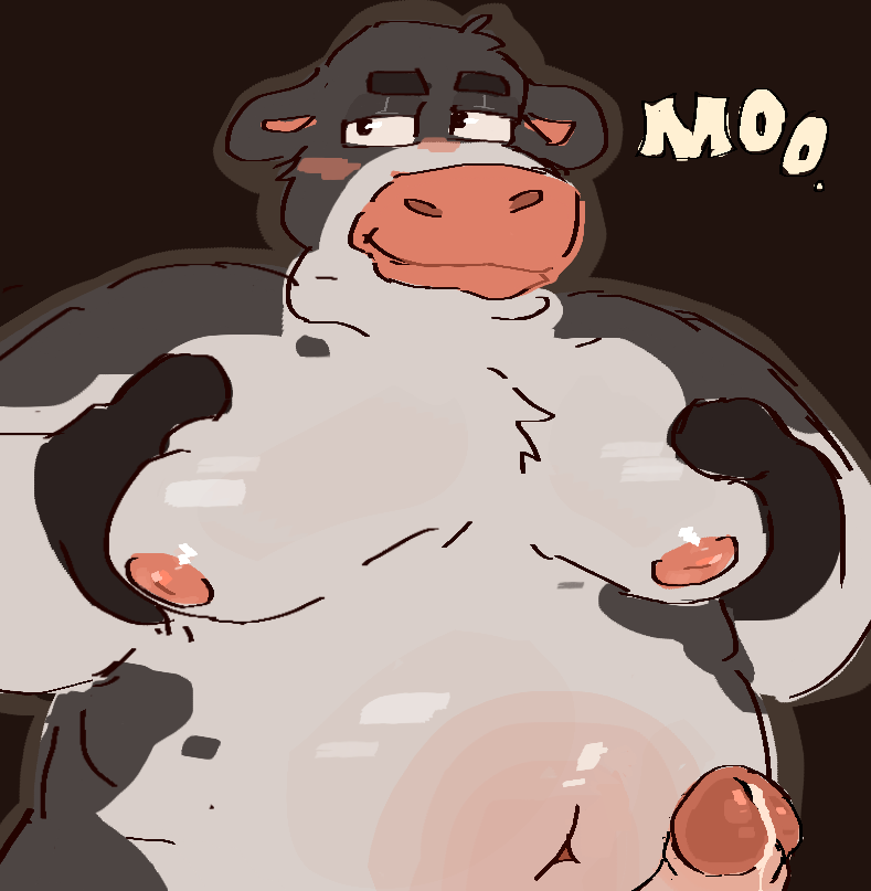 anthro blush bodily_fluids cum erection fur genital_fluids genitals leaking_cum male moobs multicolored_body multicolored_fur nipples overweight overweight_male penis pink_nipples pink_nose presenting_moobs solo theinternetizkillz barnyard_(series) nickelodeon otis_(barnyard) bovid bovine cattle mammal