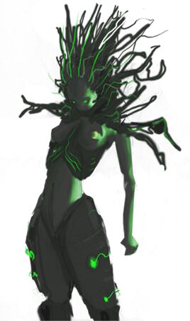 artificial_intelligence female green_eyes green_markings machine markings not_furry solo standing acoldoldkodiak system_shock shodan android digital_creature robot low_res