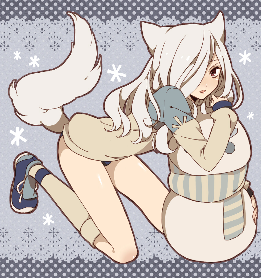 clothing hair hair_over_eye long_hair male one_eye_obstructed pattern_clothing pattern_scarf red_eyes scarf snowman solo striped_clothing striped_scarf stripes white_hair xxmlkxx inazuma_eleven_(series) inazuma_eleven_go kitaki_tsuneo animal_humanoid canid canid_humanoid canine canine_humanoid canis humanoid mammal mammal_humanoid wolf wolf_humanoid