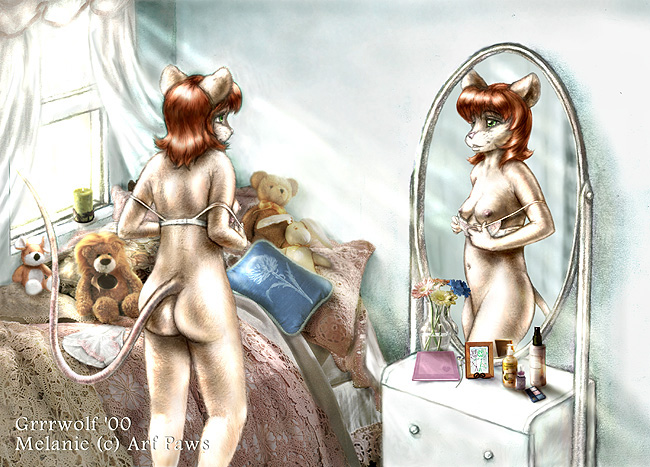 bra breasts brown_hair butt clothing dresser female furniture hair looking_at_mirror looking_at_object mirror nipples nude plushie solo teddy_bear underwear grrrwolf mammal mouse murid murine rodent 2000