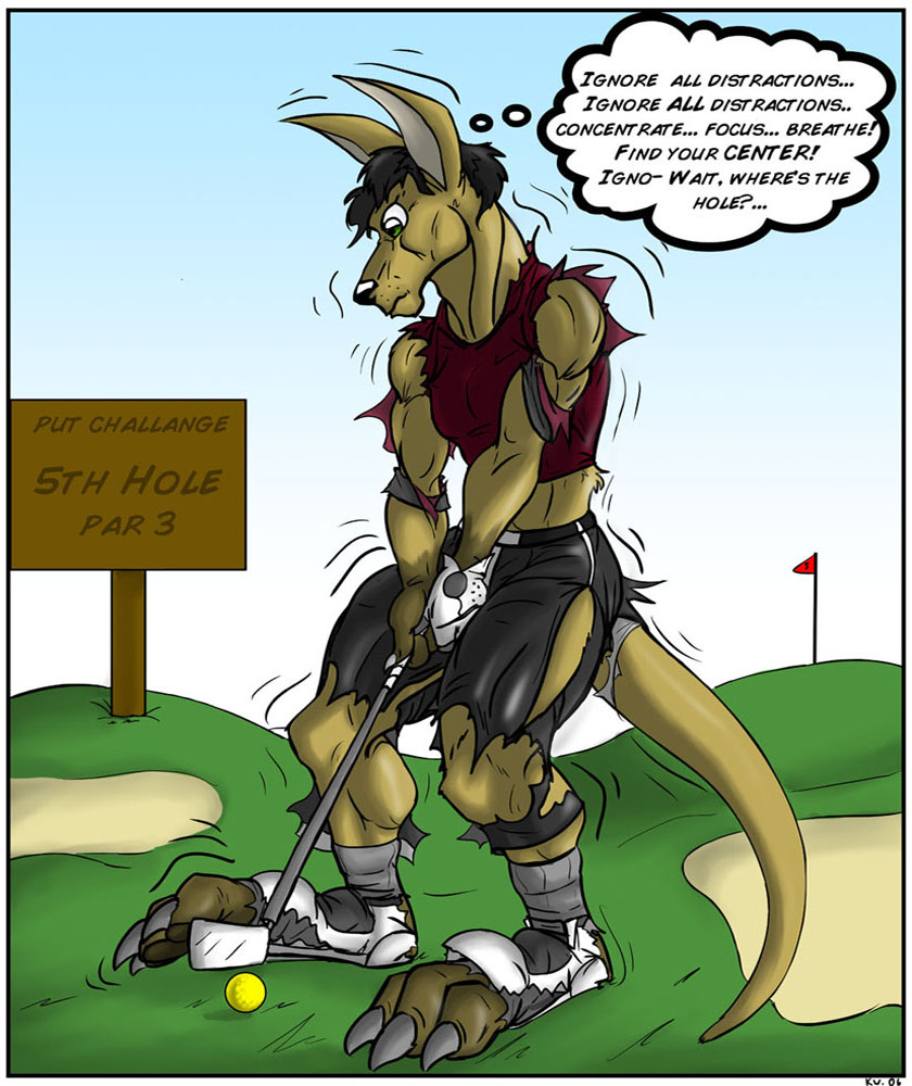 3_toes anthro ball biped black_hair black_nose bottomwear claws clothed clothing day feet flag flag_(object) footwear fur gloves golf golf_ball golf_club golf_course grass green_eyes hair handwear hindpaw holding_golf_club holding_object inner_monologue iron_(golf) legwear long_ears looking_down male midriff motion_lines motion_outline muscular muscular_anthro muscular_male number outside pants paws plant planted_sign playing_sport rank repeated_internal_monologue repeated_text sand shaking shirt shoes short_hair sign signpost sky socks solo sport standing tail tan_body tan_fur text thinking thought_bubble toes topwear torn_clothing transformation trembling wood wood_sign black-rat kangaroo macropod mammal marsupial english_text