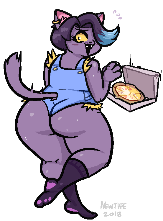 anthro big_butt black_hair black_nose blush bodily_fluids butt claws clothed clothing container ear_piercing ear_ring eyelashes fangs female food footwear fur hair legwear looking_back multicolored_hair on_one_leg open_mouth overalls overalls_only paw_socks pawpads piercing pizza pizza_box purple_body purple_fur raised_tail rear_view ring_piercing shortalls simple_background socks solo standing surprise sweat tail teeth thick_thighs transparent_background two_tone_hair wide_hips yellow_sclera newtype_hero undertale undertale_(series) catty_(undertale) domestic_cat felid feline felis mammal 2018 alpha_channel signature unavailable_at_source