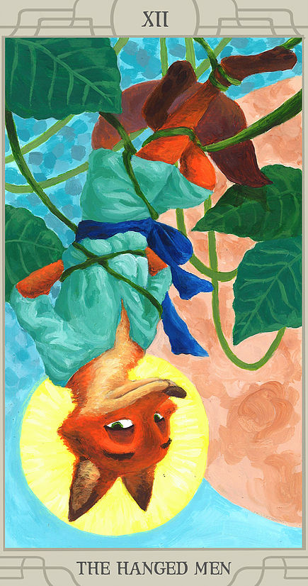 anthro card card_template clothed clothing fortune_telling looking_at_viewer major_arcana male roman_numeral smile solo tarot tarot_card text the_hanged_man_(tarot) upside_down peacedouble disney zootopia nick_wilde canid canine fox mammal red_fox true_fox 2016 english_text