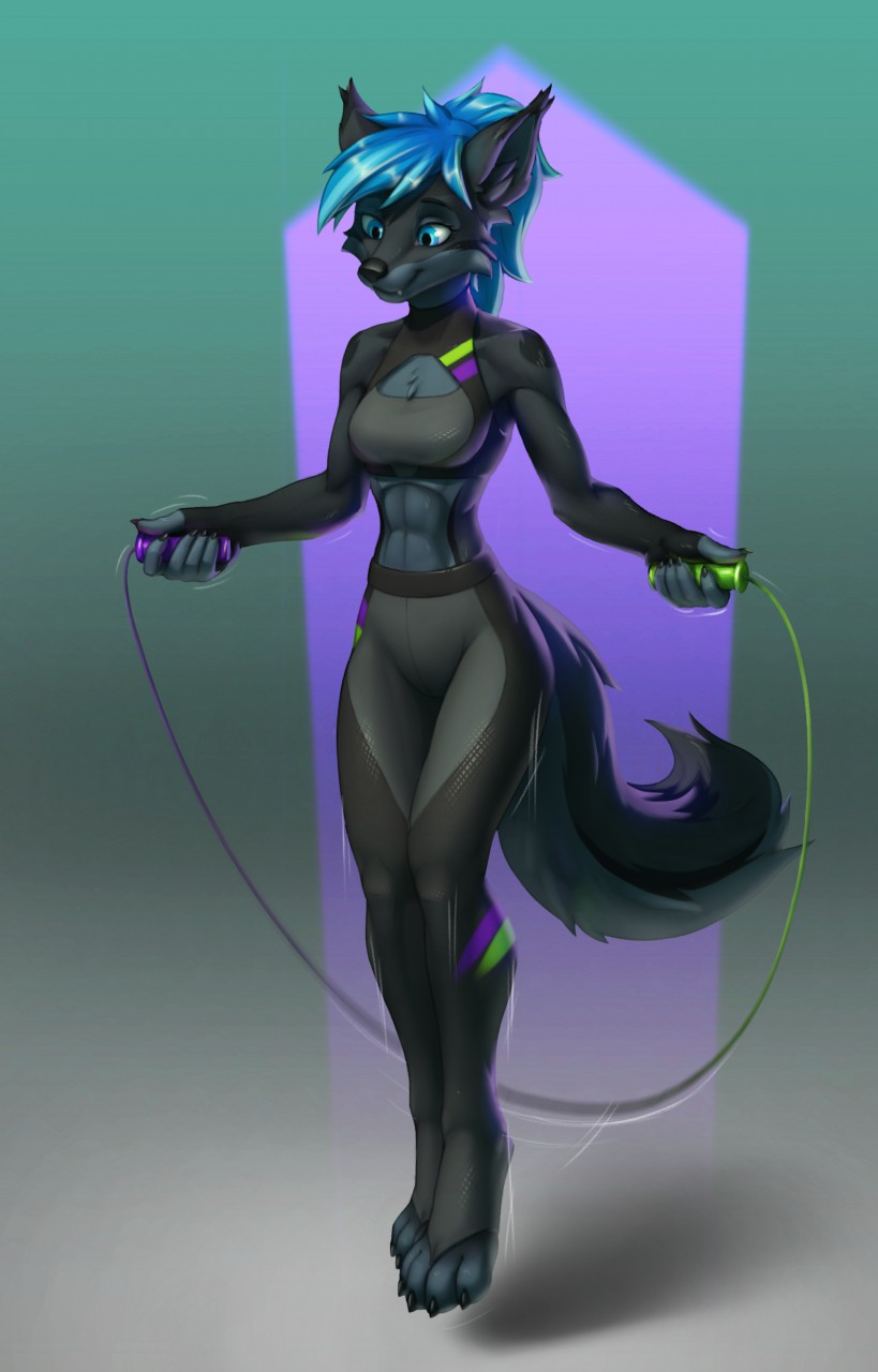 4_toes 5_fingers abs abstract_background anthro athletic athletic_anthro athletic_female black_claws black_nose blue_eyes blue_hair bottomwear bra breasts chest_tuft claws clothing digitigrade ear_tuft feet female fingers fur green_background grey_body grey_fur hair high_waisted_bottomwear holding_object inner_ear_fluff jump_rope jumping long_hair looking_down markings medium_breasts motion_lines pants ponytail purple_background shadow simple_background smile solo sports_bra teeth toes tuft underwear yoga_pants ileya middy_(midnightlighty) canid canine canis mammal wolf hi_res