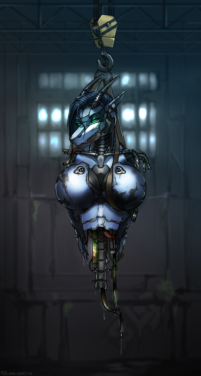 anthro big_breasts blue_body blue_hair blue_skin breasts dropping female green_eyes hair horn machine solo spine eliana-asato mythology ena_(eliana) android dragon mythological_creature mythological_scalie robot scalie broken 2018 hi_res