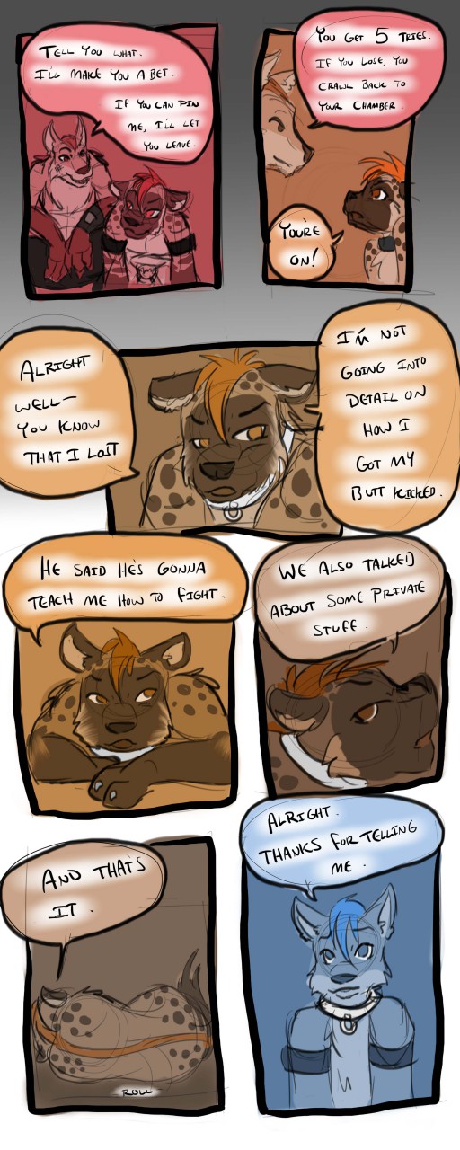 anthro biped collar detailed_background dialogue fur group hair male open_mouth speech_bubble standing text trio tatsuchan18 cobalt_(tatsuchan18) havoc_(tatsuchan18) canid hyena mammal 2016 comic english_text hi_res