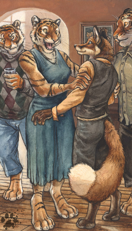 anthro barefoot blue_eyes brown_body brown_fur building clothing feet female fur group house inside interspecies male male/male orange_body orange_eyes orange_fur party photo pose romantic romantic_couple tail blotch divisions kyell_gold devlin_miski wiley_farrel canid canine felid fox mammal pantherine tiger 2012 4:7 detailed