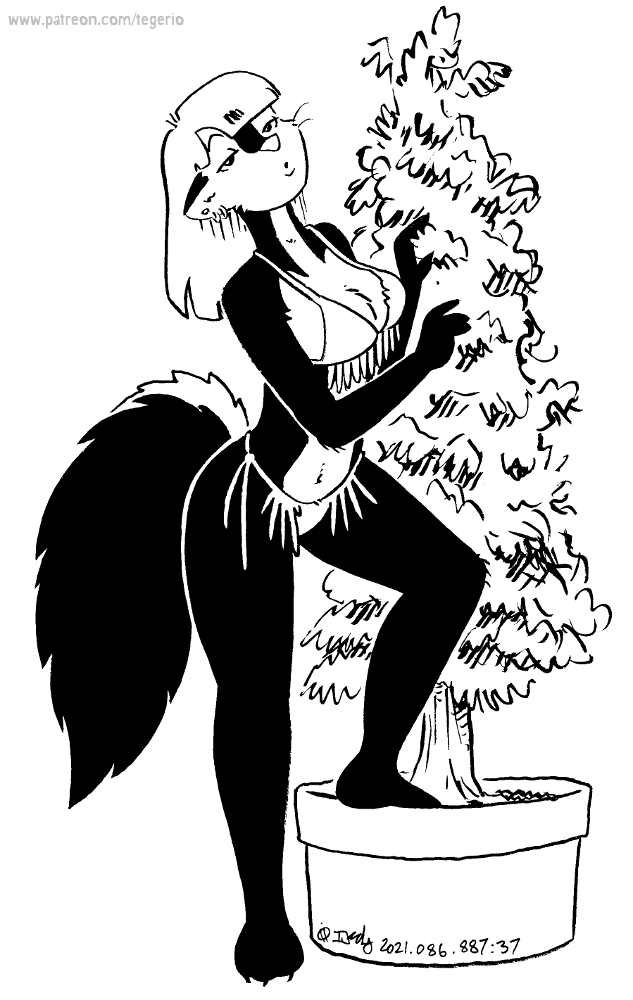 anthro bikini breasts clothing ear_piercing ear_ring evergreen_tree female fur hair navel piercing pine_tree plant ring_piercing solo swimwear tail tree two-piece_swimsuit whiskers tegerio zandar's_saga kelly_o'dor mammal mephitid skunk striped_skunk 2021 black_and_white monochrome