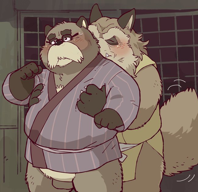 anthro balls belly blush clothed clothing duo elderly eyes_closed eyewear genitals glasses hug humanoid_hands male mature_male overweight overweight_male garouzuki ghibli pom_poko inugami_gyoubu_(pom_poko) kincho_daimyojin_vi canid canine fox mammal raccoon_dog tanuki 2017