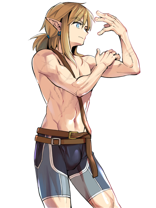 blonde_hair blue_eyes bulge clothing ear_piercing ear_ring flexing hair humanoid_pointy_ears light_body light_skin male muscular muscular_humanoid muscular_male not_furry piercing pointy_ears ponytail ring_piercing simple_background solo monbetsu_kuniharu nintendo the_legend_of_zelda link elf humanoid hylian 2022