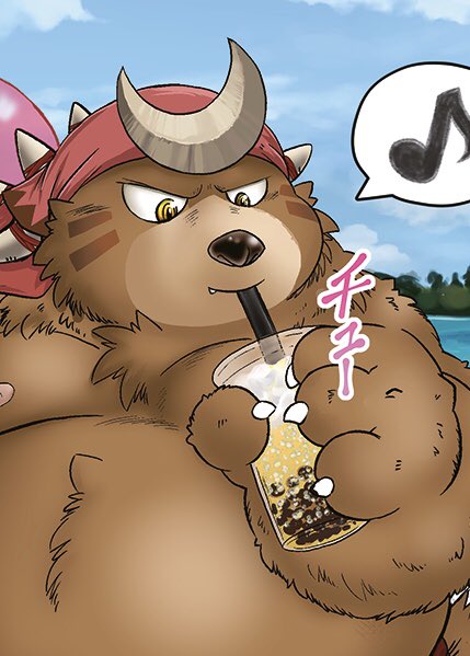 anthro beverage brown_body brown_fur bubble_tea cute_fangs fangs fur male moobs nipples outside overweight overweight_anthro overweight_male solo teeth text water coupepunch mogpon sdorica dagger_(sdorica_sunset) bear mammal 2019 japanese_text