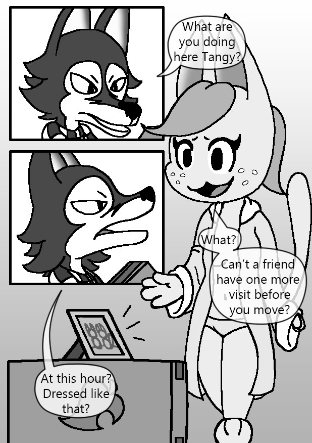 box clothed clothing container dialogue female food fruit male plant robe text abtp animal_crossing nintendo lobo_(animal_crossing) tangy_(animal_crossing) canid canine canis elemental_creature felid flora_fauna food_creature living_fruit mammal wolf comic english_text greyscale monochrome