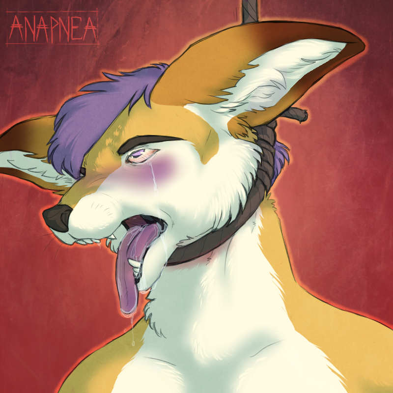 anthro asphyxiation black_eyebrows black_nose bloodshot_eyes blue_eyes bodily_fluids brown_body brown_fur crying death drooling eyebrows fangs front_view fur gore hair hanged inner_ear_fluff male multicolored_body multicolored_fur noose open_mouth pink_tongue purple_hair red_background rope saliva short_hair simple_background snout snuff solo tears teeth tongue tongue_out tuft two_tone_body two_tone_fur white_body white_fur anapnea knedit canid canine fennec_fox fox mammal true_fox 1:1 2018 digital_media_(artwork) signature