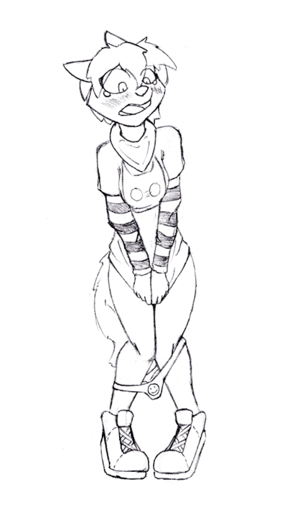 anthro bare_legs bottomless bottomless_female clothed clothing embarrassed female footwear kerchief long_sleeve_shirt shirt_pulled_down shoes sneakers solo thong_down chaoshetra riko canid canine canis jackal mammal alpha_channel traditional_media_(artwork)