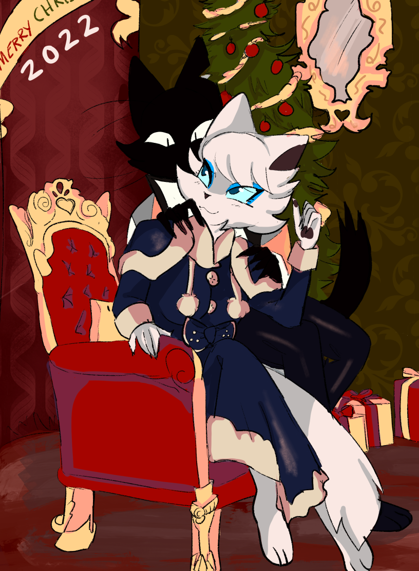 anthro black_body black_fur chair detailed_background duo female fur furniture holidays male smile throne white_body white_fur bloowolfy christmas domestic_cat felid feline felis mammal 2022