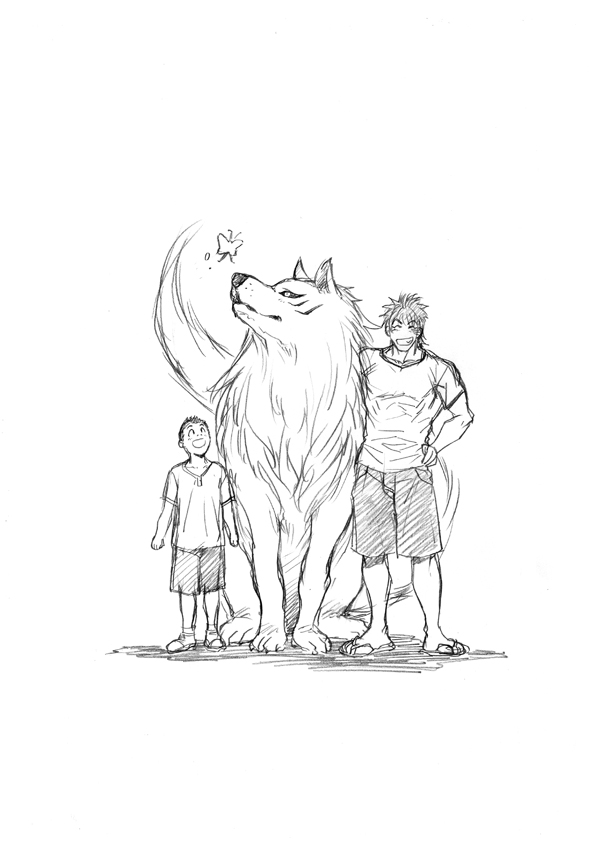 ambiguous_gender cloth digitigrade feral fur group male quadruped simple_background tail white_background unknown_artist toriko_(series) komatsu_(toriko) terry_cloth toriko battle_wolf canid canine canis human mammal wolf graphite_(artwork) monochrome traditional_media_(artwork)