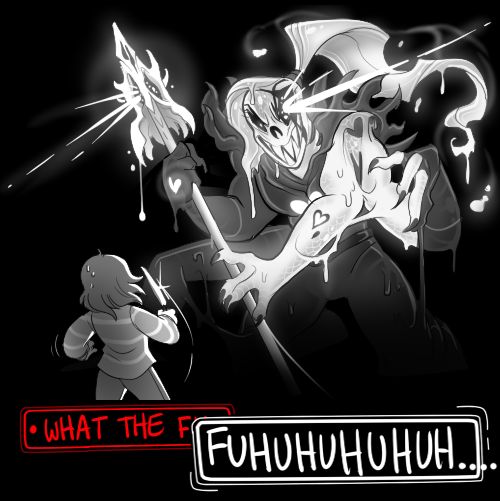 3_arms black_background clothed clothing dialogue dialogue_box duo female hair heart_symbol holding_object holding_weapon knife male melee_weapon melting multi_arm multi_limb polearm ponytail sharp_teeth simple_background spear teeth text weapon blinkpen undertale undertale_(series) frisk_(undertale) undyne undyne_the_undying amalgamate fish human mammal marine 2015 english_text monochrome