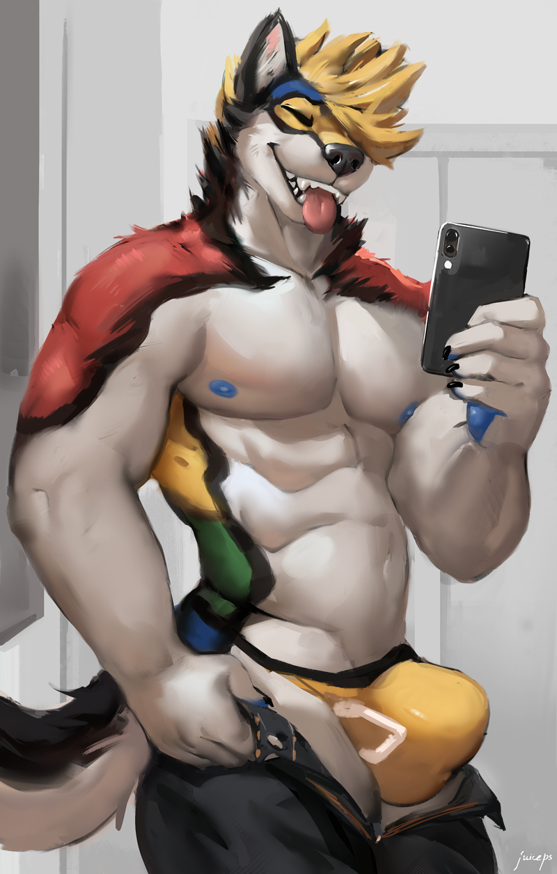 anthro bottomwear bulge clothed clothing detailed_bulge eyes_closed jockstrap male nipples pants solo taking_picture tongue tongue_out underwear juiceps alexi_the_wusky canid canine canis mammal wolf 2023 hi_res