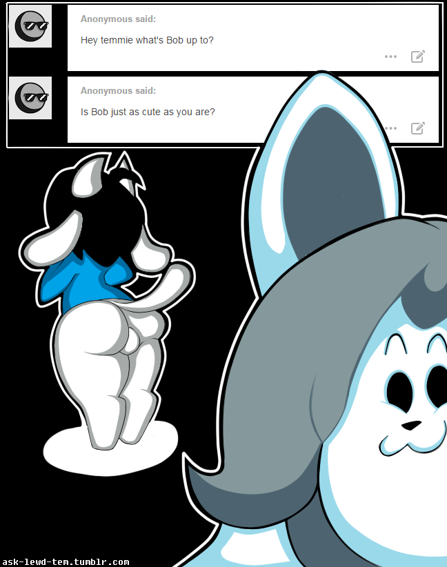 ambiguous_gender anthro backsack balls black_hair blue_clothing blue_shirt blue_topwear bottomless butt clothed clothing duo eyebrows fur genitals grey_hair hair male raised_eyebrows shirt smile text topwear white_balls white_body white_fur dongitos undertale undertale_(series) bob_(undertale) temmie_(undertale) canid canine canis domestic_cat domestic_dog felid feline felis mammal tem url