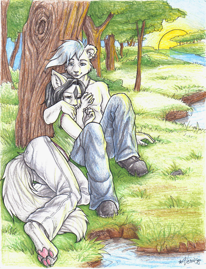 anthro creek detailed_background duo female forest male nature outside plant river riverbank romantic romantic_couple sky tail tree wood vera_(artist) domestic_cat felid feline felis mammal 2008