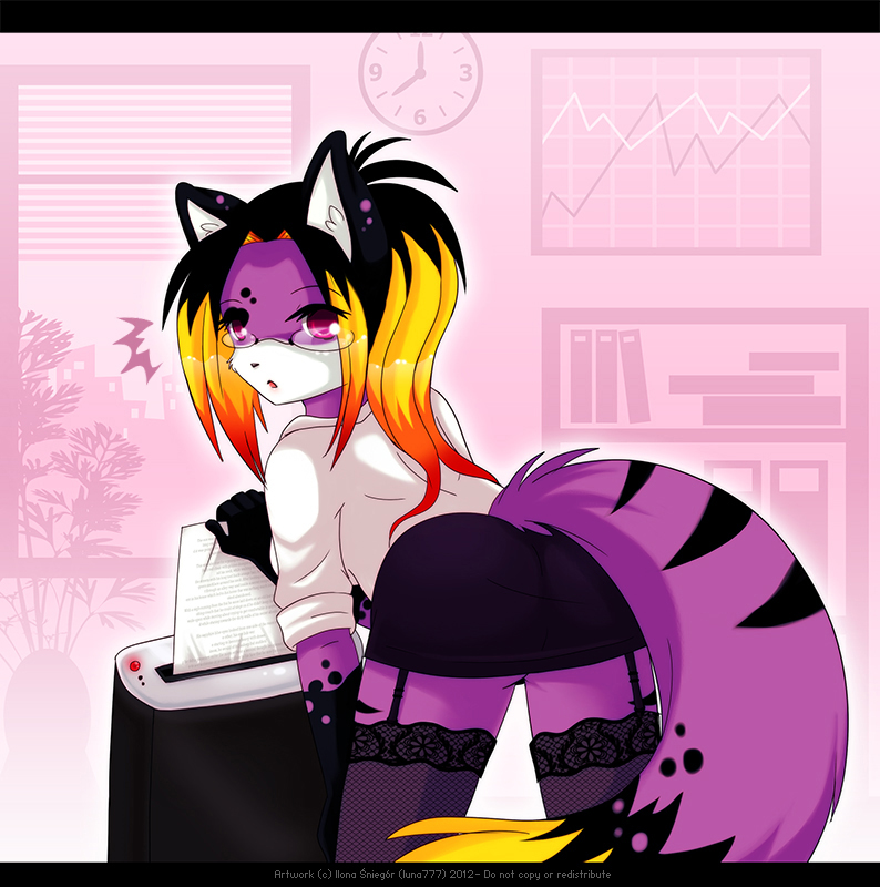 anthro bent_over bottomwear butt clothed clothing eyewear female fur glasses hair legwear looking_at_viewer looking_back multicolored_hair pink_eyes purple_body purple_fur skirt solo stockings tail luna777 akemi_(luna777)