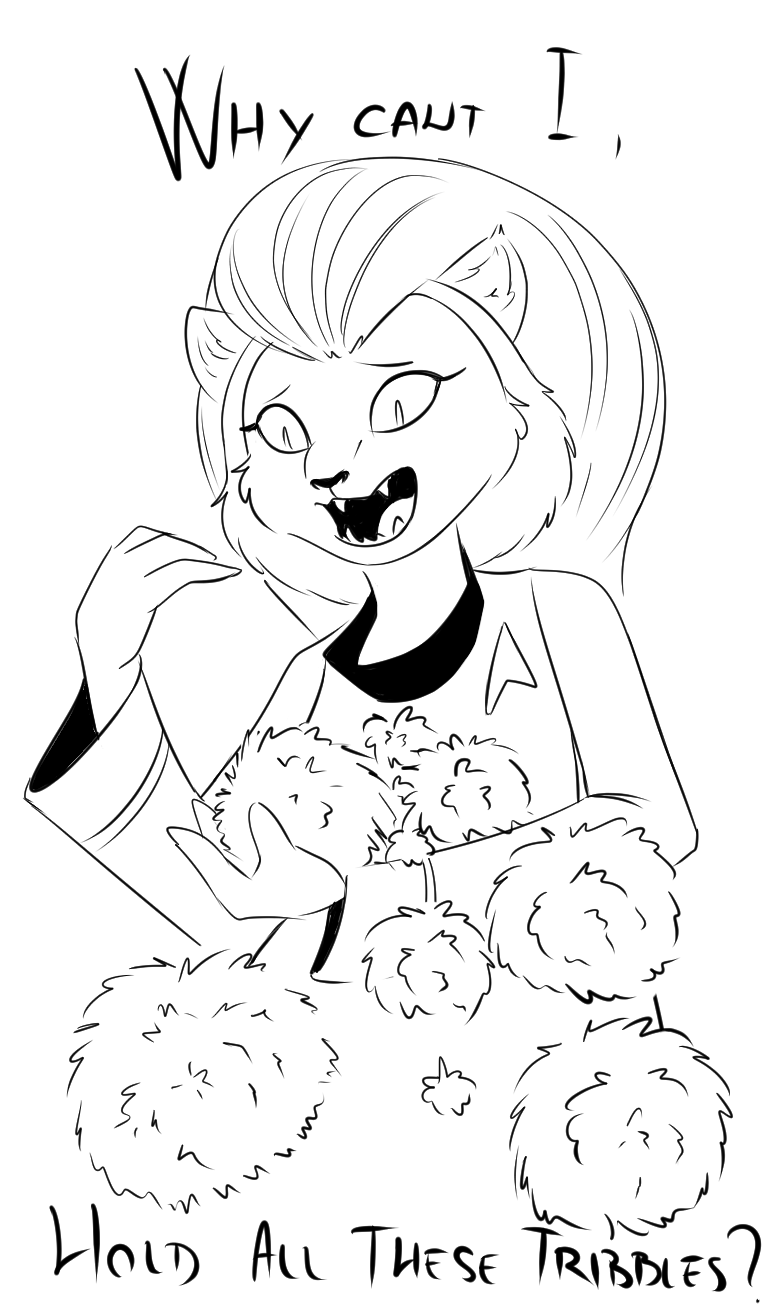 anthro cheek_tuft clothed clothing facial_tuft fangs female hair parody simple_background solo teeth text tuft zokva star_trek star_trek_the_animated_series m'ress alien caitian felid mammal tribble 2021 black_and_white english_text hi_res meme monochrome