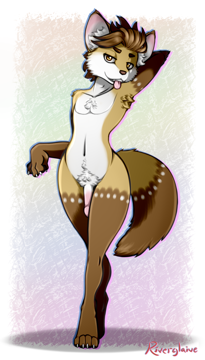 anthro armpit_hair body_hair genitals male penis pubes solo thick_thighs tongue tongue_out young riverglaive kingsley_(riverglaive) canid canine fox mammal 4:7 hi_res