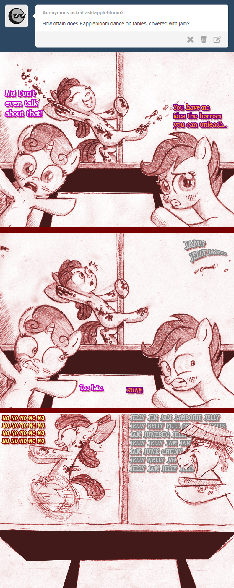 dancing female feral food group horn jelly_(food) male pole pole_dancing smile suggestive text wings jaxonian friendship_is_magic hasbro my_little_pony mythology tumblr apple_bloom_(mlp) hugh_jelly_(mlp) scootaloo_(mlp) sweetie_belle_(mlp) earth_pony equid equine horse mammal mythological_creature mythological_equine pegasus pony unicorn english_text graphite_(artwork) hi_res traditional_media_(artwork)