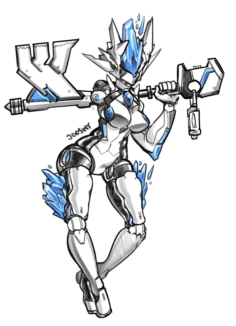 amputee big_breasts black_body blue_markings breasts crystal cybernetic_limb cybernetics disability eyeless featureless_breasts featureless_crotch female holding_object holding_weapon key machine markings melee_weapon multicolored_body one_arm simple_background solo standing sword two_tone_body weapon white_background white_body jooshy android humanoid robot 2019