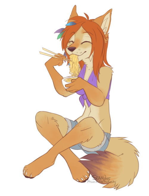 anthro biped bottomwear bowl chopsticks clothed clothing container eating eyes_closed feathers female food noodles ramen shorts simple_background sitting smile solo white_background ailuranthropy kohi_(waruikoohii) canid canine canis coyote mammal 2015