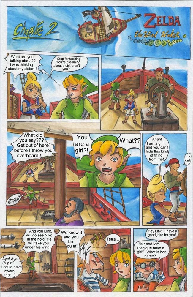 female group hitting male not_furry ship shout text vehicle watercraft young young_humanoid young_male passage nintendo the_legend_of_zelda wind_waker link pirate_leader_tetra toon_link humanoid hylian comic english_text traditional_media_(artwork)